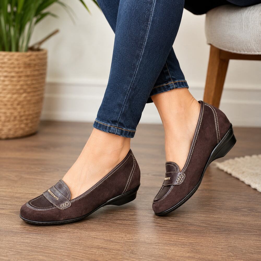 Softspots Brown Leather Suede Loafer Wedge Comfort Shoes Women's 9WW
